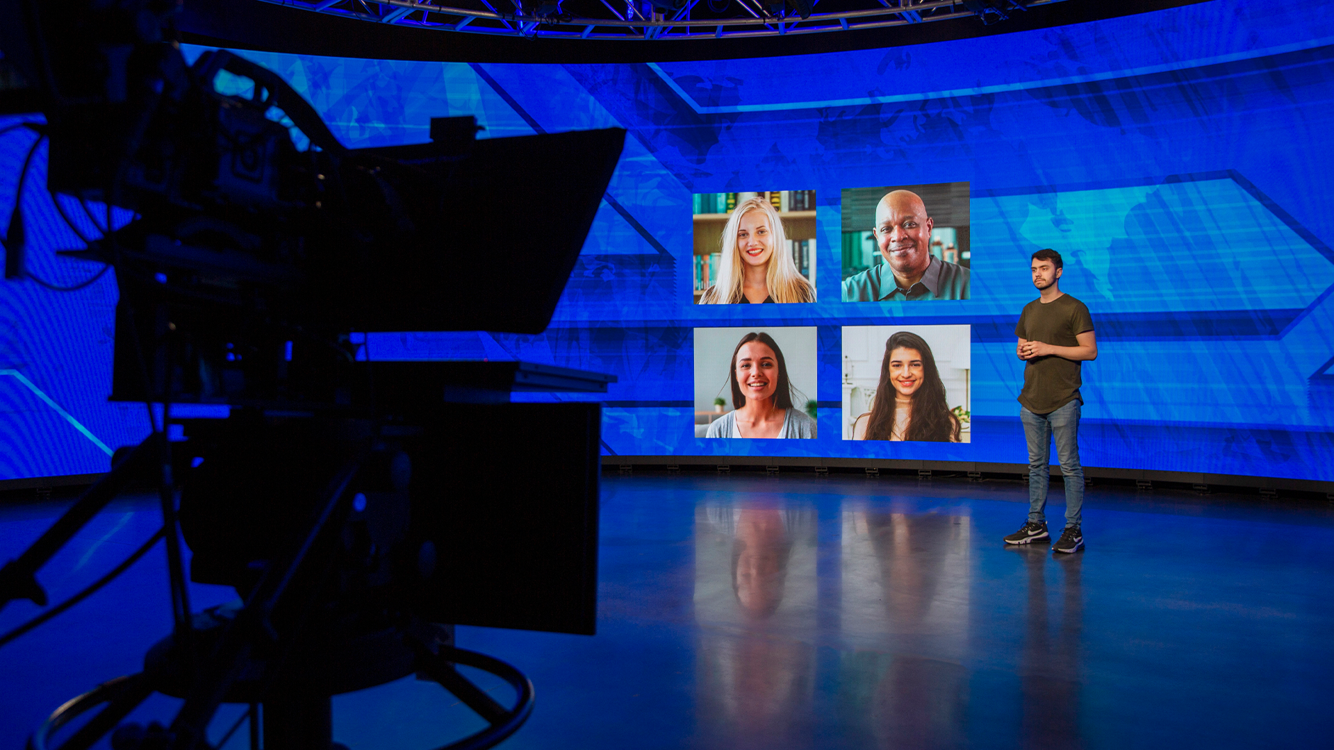 Virtual Production Studio with speaker standing in front of LED volume
